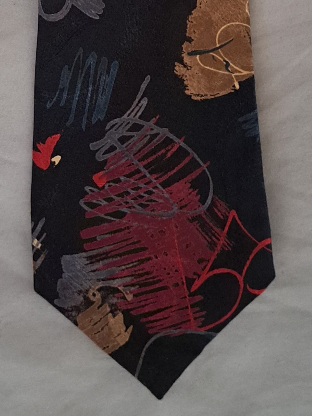 Vintage Jacque Estier Black Abstract Scribble Men's Tie in Red, Gold & Gray